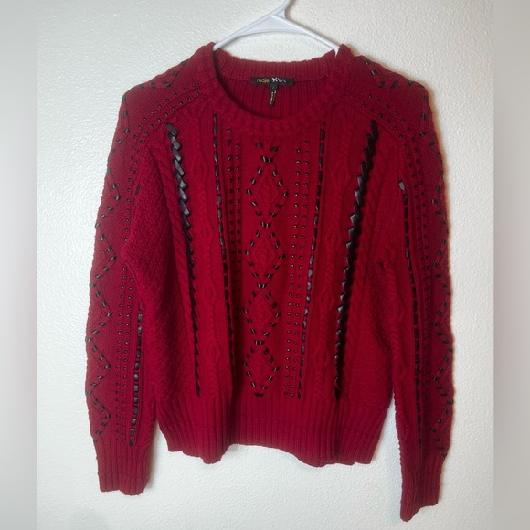 Maje Red Knit Sweater with Faux Leather Braiding Size 2/US M - Picture 2 of 7